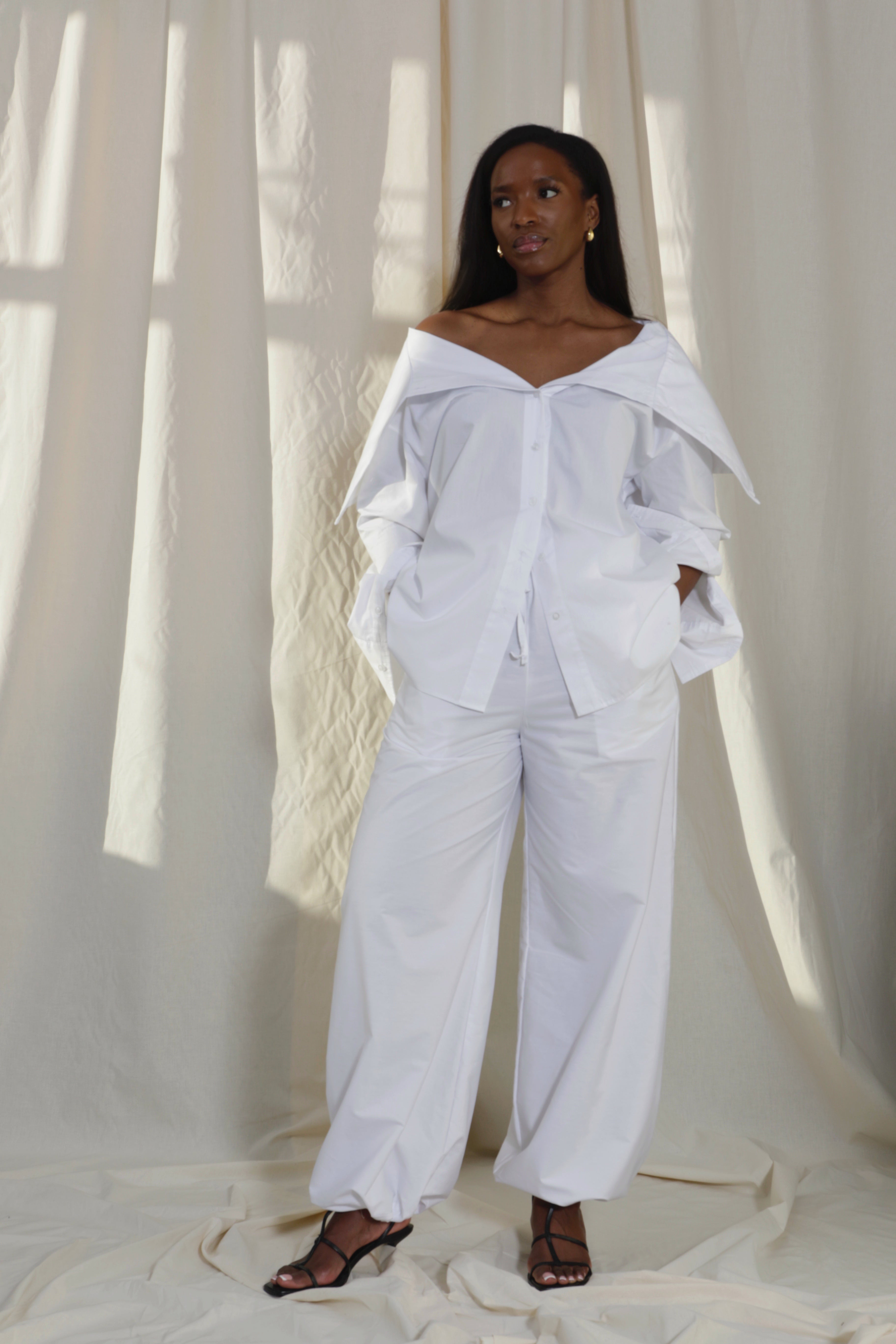 The Naomi Set: Drawstring Trousers with Convertible Hem, Crisp White